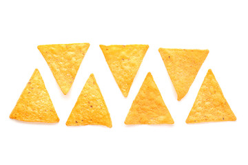 Corn chips on white background, top view