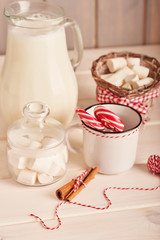 Christmas sweets on table. Christmas  decorations with lights background. Happy New Year! Christmas greeting card. Winter card template. Xmas concept. Holiday Banner. Feast of Nativity. 