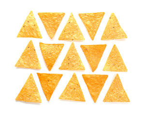 Corn chips on white background, top view