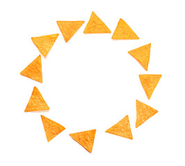 Frame made of corn chips on white background