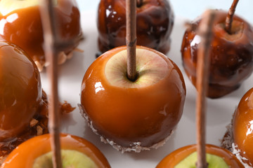 Delicious caramel apples with tree branches on stand, closeup