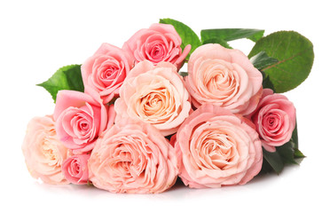 Beautiful bouquet of pink roses on white background
