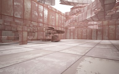 Empty smooth abstract room interior of sheets rusted metal with glossy white surface. Architectural background. 3D illustration and rendering