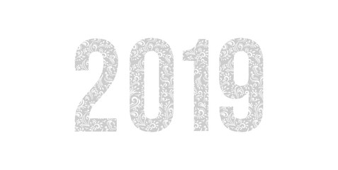 Number 2019 year patterned with floral shapes, isolated on white. 2019 for decorate calendar, banner, poster, invitation, card, adult coloring book.