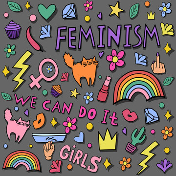 Girly doodles and hand drawn seamless pattern for feminism concept design in internet. Fancy comic feminism elements in cartoon style. Color vector illustration