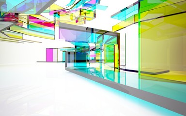 abstract architectural interior with gradient geometric glass sculpture with black lines. 3D illustration and rendering