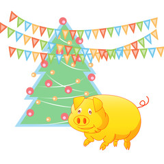 Yellow earth pig and New year tree, the symbol of 2019.