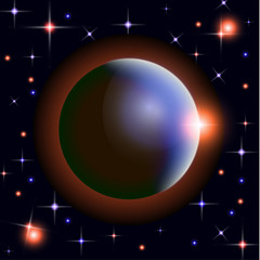 Abstract universe with planets and bright stars. Effects of halo light on a dark background, flashes of light. Vector space illustration.