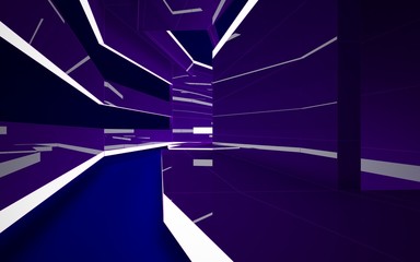 Abstract interior of the future in a minimalist style with violet sculpture. Night view from the backligh. Architectural background. 3D illustration and rendering