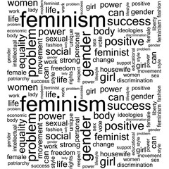Fototapeta premium Modern white seamless background with feminism concept words. Pattern with different words on gender problems. Vector