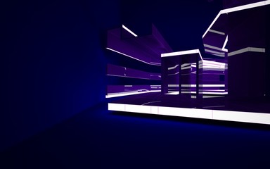 Abstract interior of the future in a minimalist style with violet sculpture. Night view from the backligh. Architectural background. 3D illustration and rendering