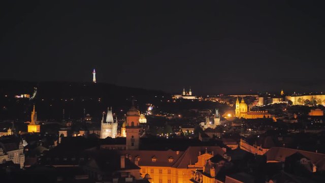 prague skyline at night pan from petrin hill to castle 4k