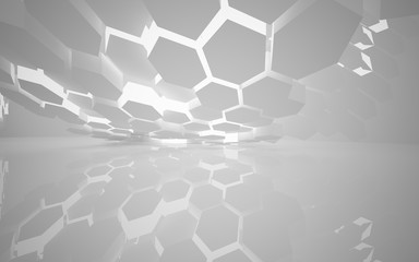 Obraz na płótnie Canvas Abstract white interior of the future, with hexagonal honeycombs and neon lighting. 3D illustration and rendering
