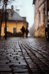 Cobblestone Road Path Closeup Depth of Field Overcast Weather Texture Asphalt Stone Pebbles Detail
