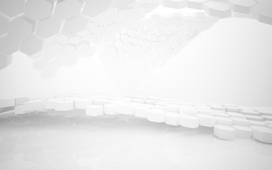 Abstract white interior highlights future with hexagonal honeycombs. Architectural background. 3D illustration and rendering