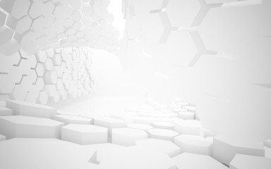 Abstract white interior highlights future with hexagonal honeycombs. Architectural background. 3D illustration and rendering