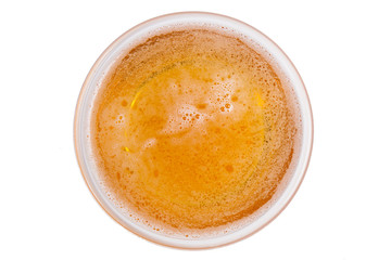 Beer in glass. Beer foam isolated on white background. View from above.