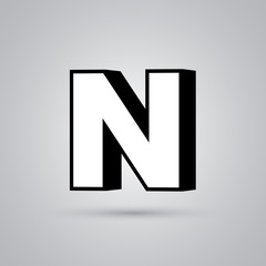 White 3D vector letter N uppercase with black border isolated on white background