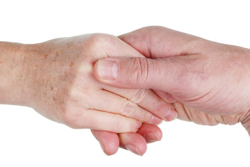 Elderly husband and wife hold hands together for life concept. Isolated