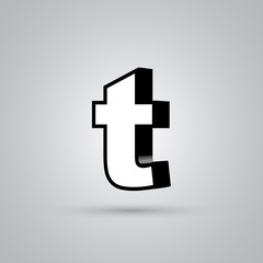 White 3D vector letter T lowercase with black border isolated on white background