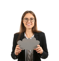 Young woman with blank speech bubble on white background