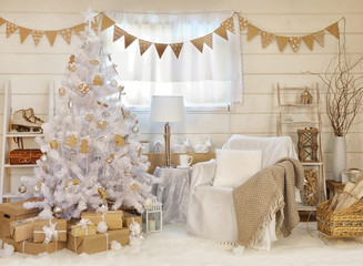 Cozy interior with Christmas tree
