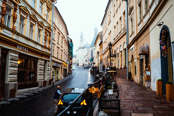 Typical European City Scene Cathedral Church Architecture Overcast Weather Street Outdoors