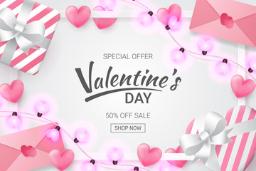 Valentines day sale background with Heart Shaped, love letter, gift and love shaped lamp . Vector illustration.Wallpaper.flyers, invitation, posters, brochure, banners.