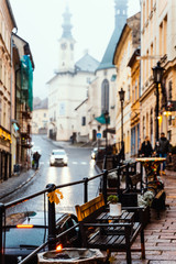 Typical European City Scene Cathedral Church Architecture Overcast Weather Street Outdoors