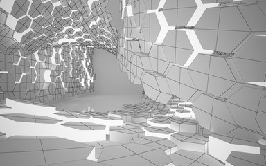 Abstract white interior highlights future with hexagonal honeycombs. Polygon drawing. Architectural background. 3D illustration and rendering