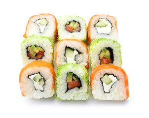 Tasty sushi rolls on white background