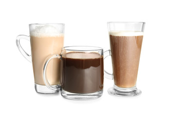 Glass cups with tasty aromatic coffee on white background
