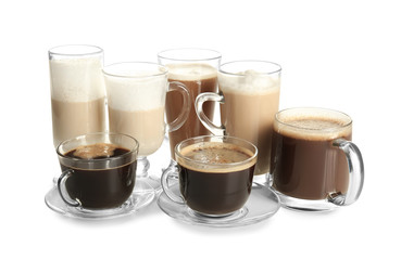 Glass cups with tasty aromatic coffee on white background