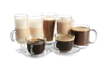 Glass cups with tasty aromatic coffee on white background