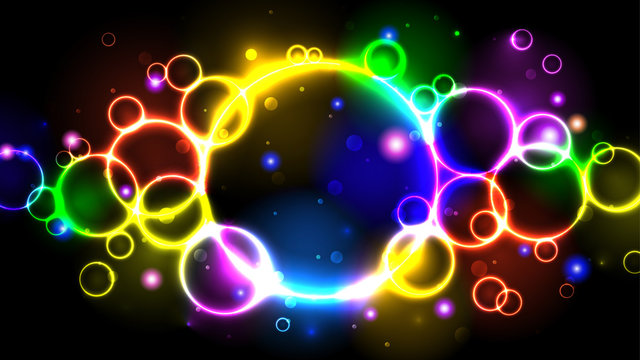 Rainbow neon color bright bubbles, abstract multicolor background with circles, sparkles and bokeh