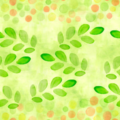 A lawn green, lime color seamless pattern with watercolor sprouts, branches with leaves and spots for scrapbooking. Hand painted chartreuse repeat print, brush dots. Spring bud Easter background.