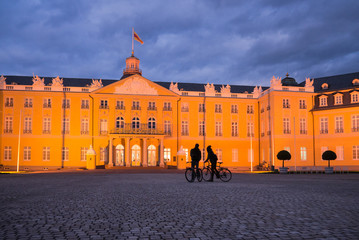 illuminated castle in Karlsruhe, Germany at blue hour