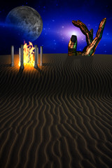 Temple with fire in surreal desert