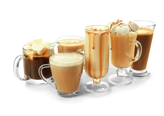 Different kinds of coffee drinks on white background