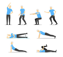 Cartoon Color Senior Exercise of Male Characters. Vector