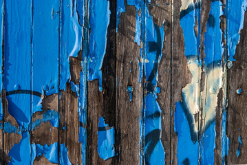 Old blue paint splitting on wood
