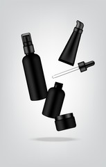 Mock up Realistic Glossy Black Cosmetic Soap, Shampoo, Cream, Oil Dropper and Spray Bottles Set for Skincare Product Background Illustration