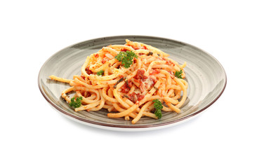 Plate with delicious pasta bolognese on white background