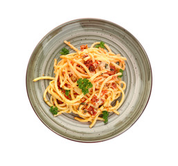 Plate with delicious pasta bolognese on white background, top view