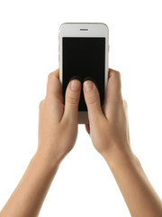Female hands with mobile phone on white background
