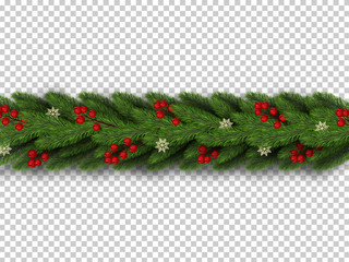 Christmas border. Winter holiday background with decorative border of realistic christmas tree branches with red berries and snowflakes. Vector illustration