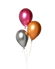 Bunch of big purple silver and gold latex balloons objects for birthday party isolated on a white