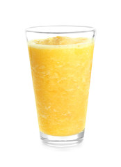 Glass of tasty fruit smoothie on white background