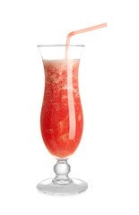 Glass of tasty fruit smoothie on white background
