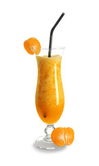 Glass of tasty mandarin smoothie on white background